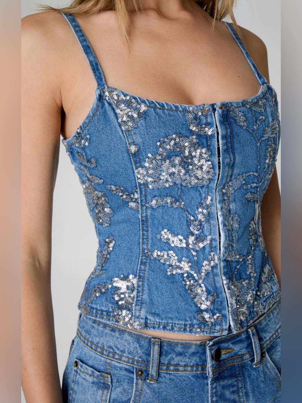 Nasty Gal Floral Sequin Denim Corset Camisole in Authentic Denim - Picture 3 of 8